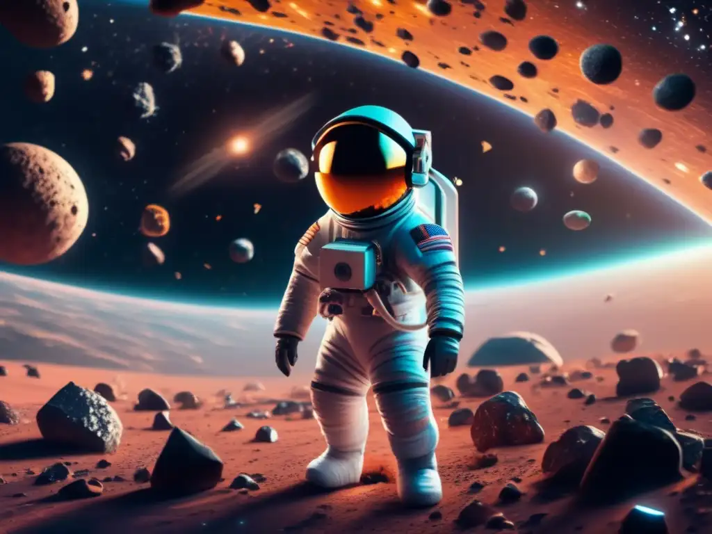 Experiencia virtual asteroides cósmicos, astronauta flotando en el espacio rodeado de asteroides detallados