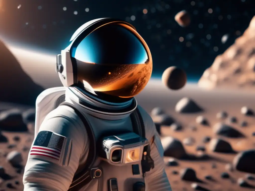 Experiencia virtual asteroides cósmicos: astronauta flotando en el espacio rodeado de un impresionante cinturón de asteroides