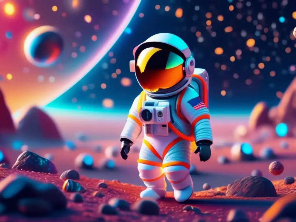 Experiencia virtual asteroides cósmicos - Astronauta flotando en traje espacial entre asteroides vibrantes