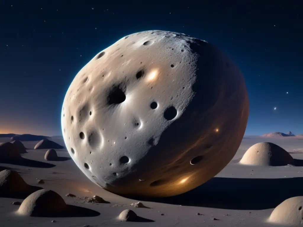 Exploración de asteroide 511 Davida: maravilla celeste en el espacio, con forma de huevo, colores indigo y plata