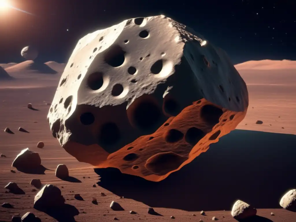 Exploración de asteroides para astrobiología: Asteroides en el espacio con textura, sombras y partículas suspendidas