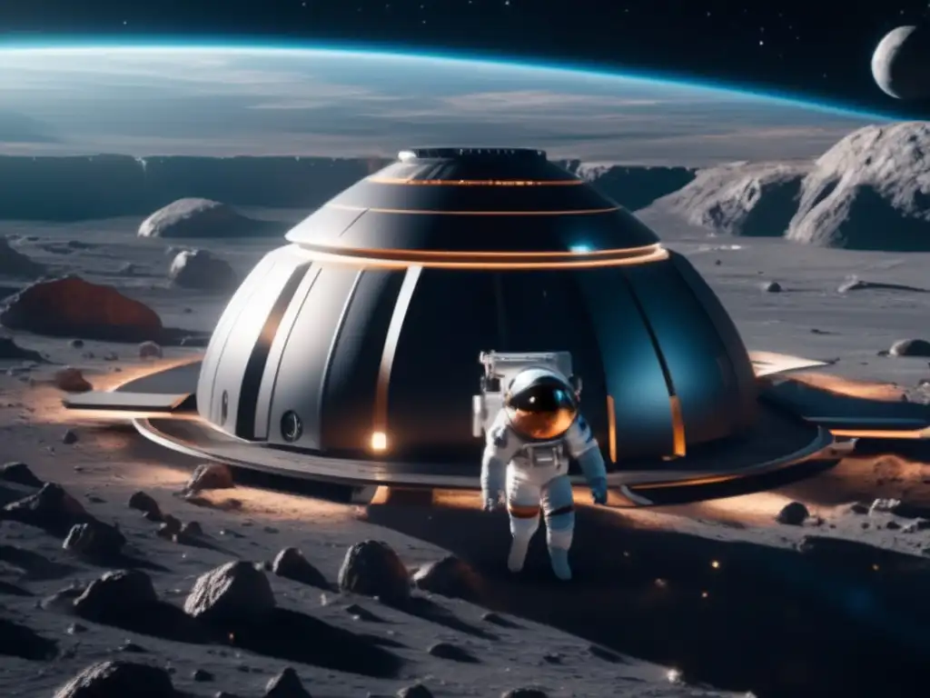 Exploración de asteroides para astrobiología: estación espacial futurista orbitando asteroide con vista impresionante del cosmos