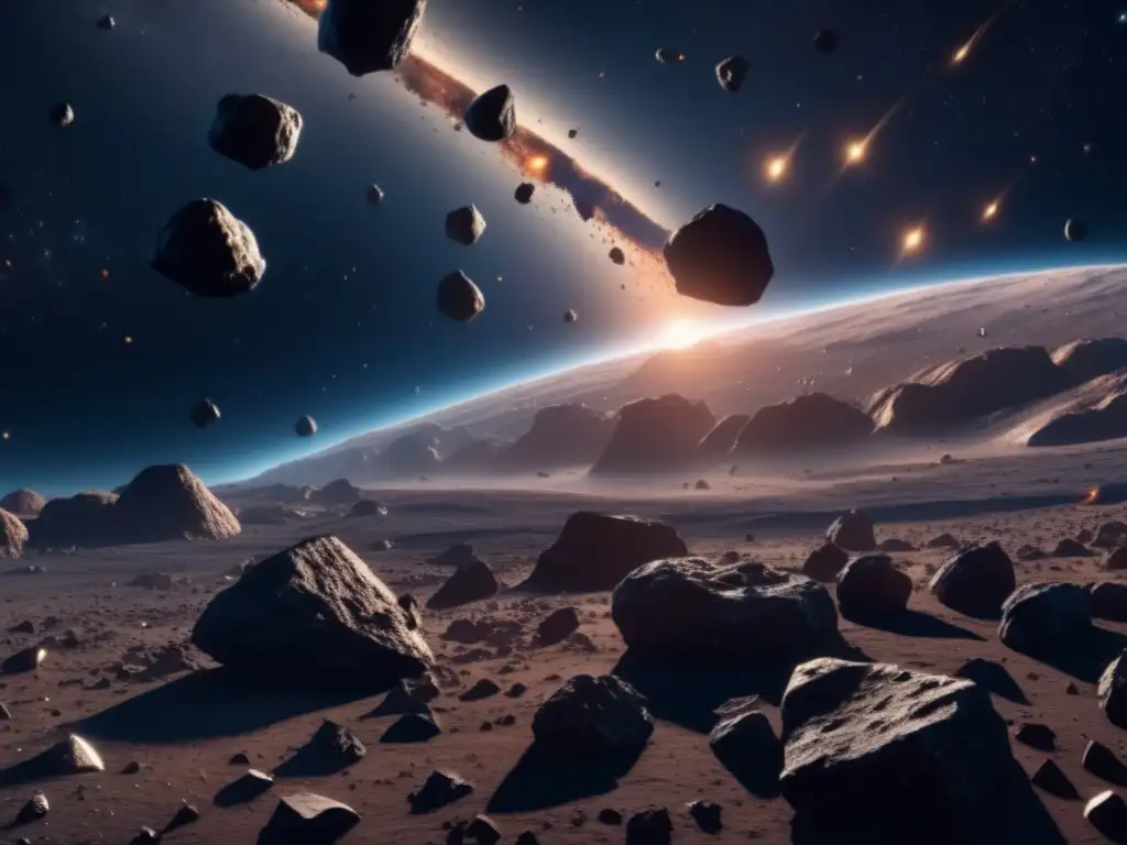 Exploración de asteroides para astrobiología: increíble imagen 8k ultradetallada de un campo de asteroides en el espacio profundo