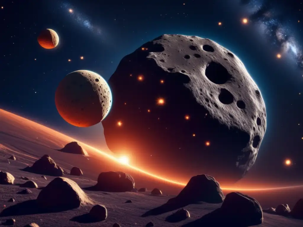 Exploración de asteroides binarios en el espacio: Detalle impresionante de un sistema binario con un asteroide irregular y otro esférico orbitando