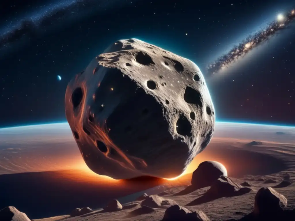 Asteroide NEO: Recursos y belleza Exploración de asteroides cercanos: asombrosa imagen 8k muestra NEO y galaxia brillante con valiosos recursos