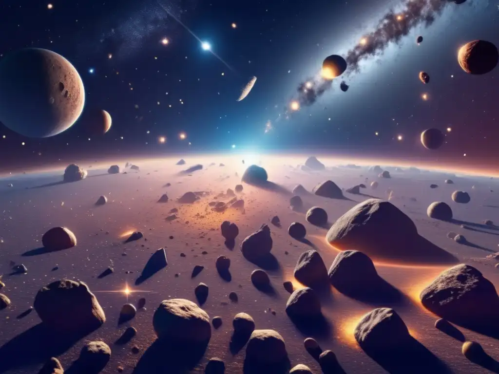 Exploración de asteroides cercanos a la Tierra: Detallada imagen en 8k muestra vasto espacio con asteroides flotando entre estrellas brillantes
