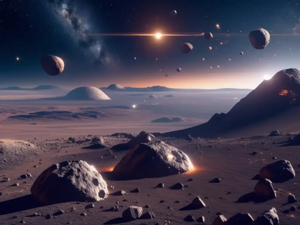 Exploración de asteroides y ciencia ficción: Recursos infinitos en un asteroide 8k con mineros y luces brillantes