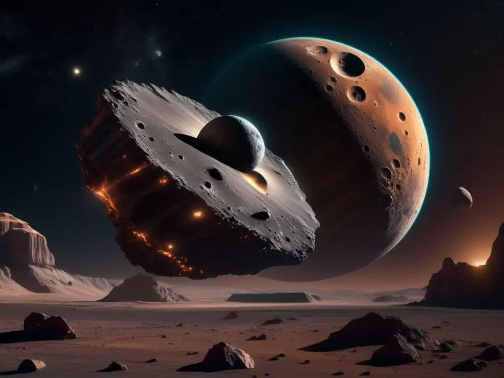 Exploración de asteroides cisjovianos: nave espacial cerca de asteroide en el espacio