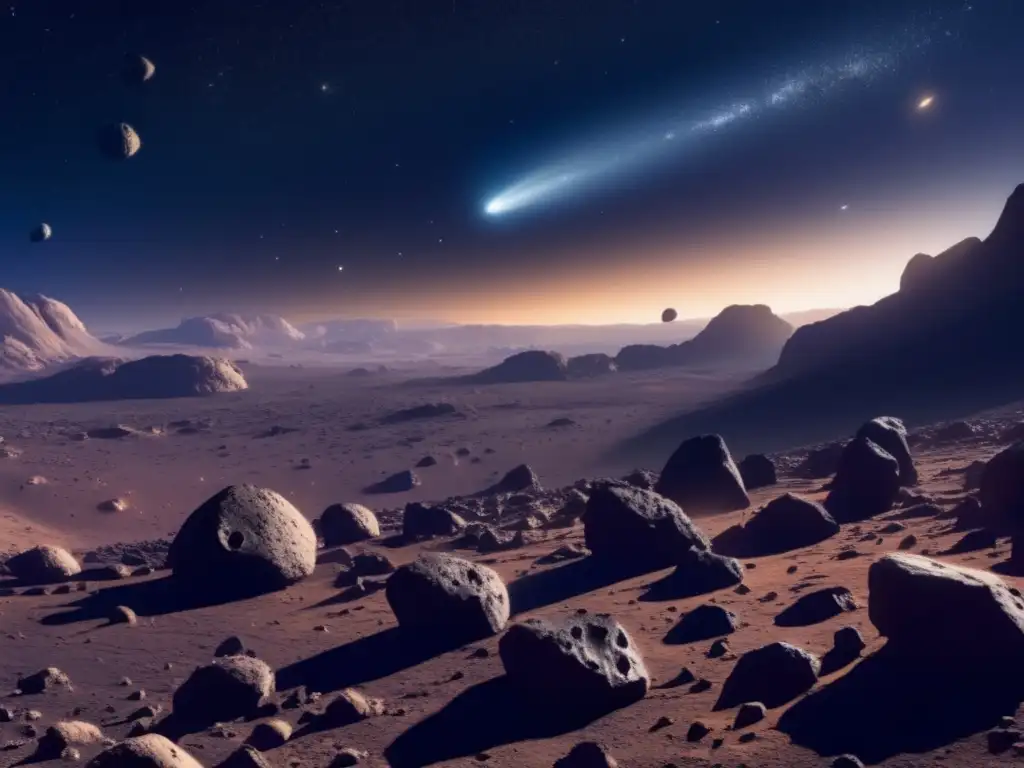 Exploración de asteroides para colonias espaciales: vasto espacio lleno de asteroides cilíndricos iluminados por una estrella distante