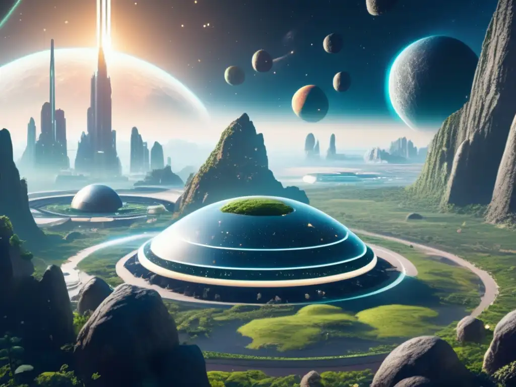 Exploración de asteroides para colonias espaciales: Futurista colonia en asteroides con biodiversidad y minería robótica