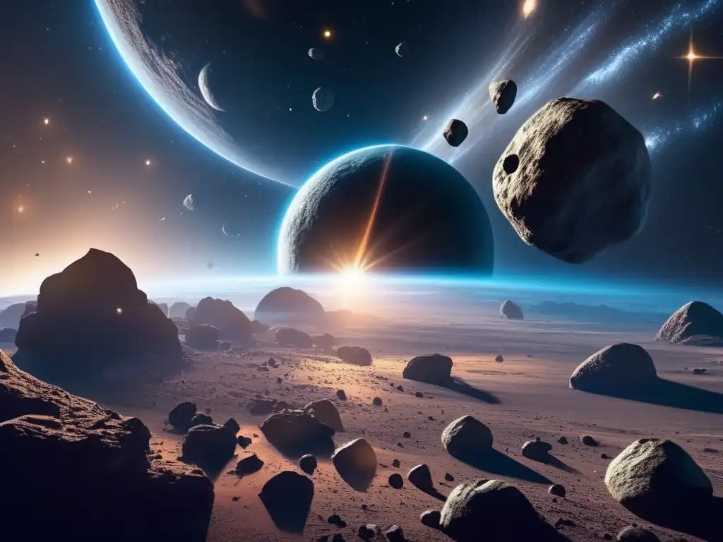 Exploración de asteroides para colonias espaciales: red interconectada de asteroides flotando en el espacio