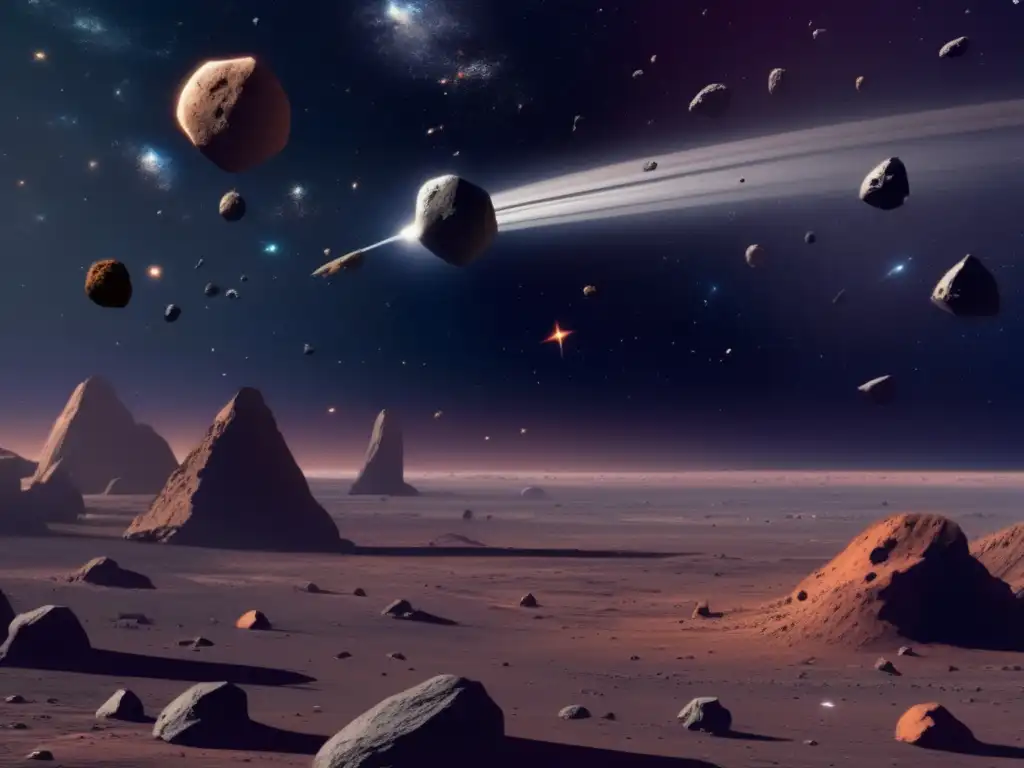 Exploración de asteroides para combustible interplanetario en un paisaje espacial con astronautas y nave espacial
