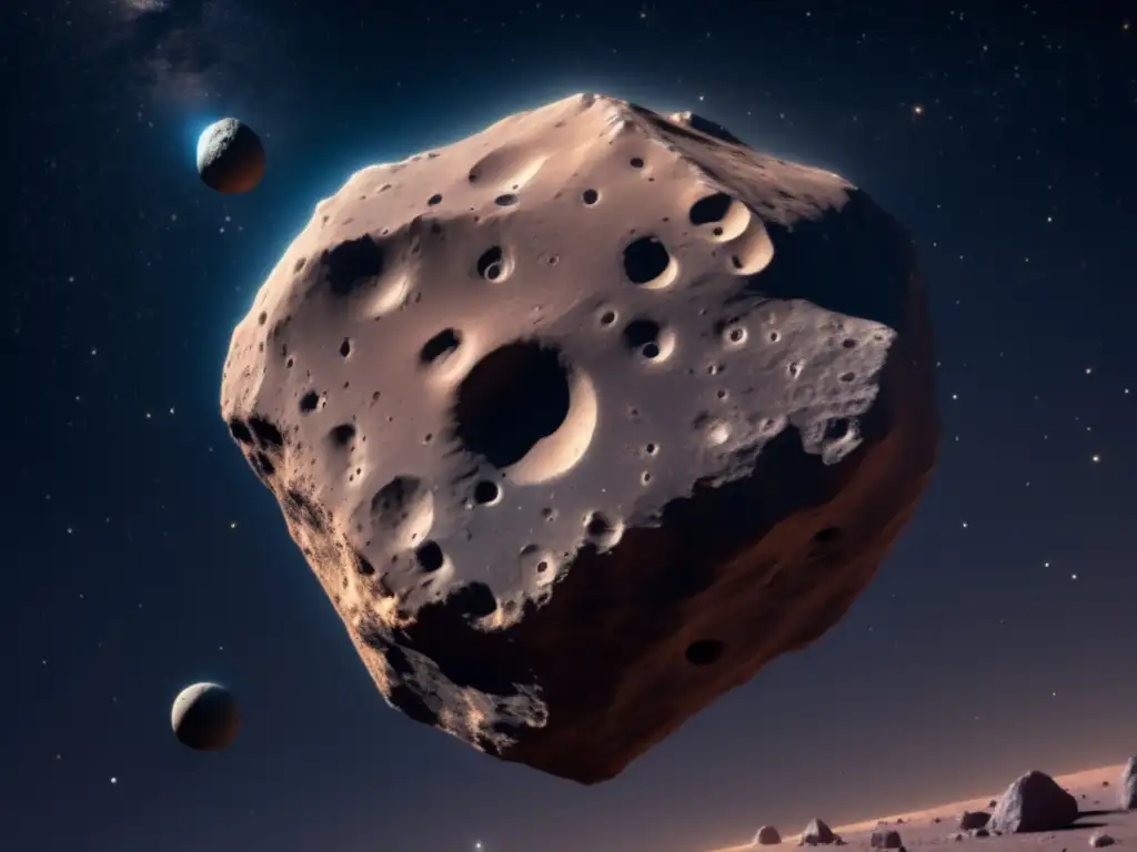 Exploración de asteroides y cometas: Centauro espacial minero en asteroide 8k, con cráteres y minerales variados