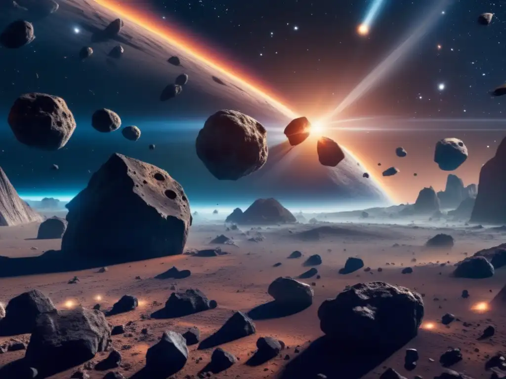 Exploración de asteroides para compuestos bioactivos en impresionante imagen 8k de campo de asteroides y nebulosa vibrante