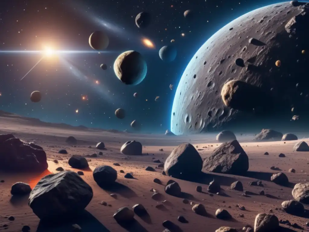 Exploración de asteroides en detalle: imagen 8k del cinturón de asteroides, mostrando su arreglo intricado en el espacio
