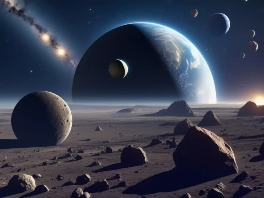Exploración de asteroides en detalle, imagen impresionante de la Tierra rodeada de asteroides y el planeta enano Ceres
