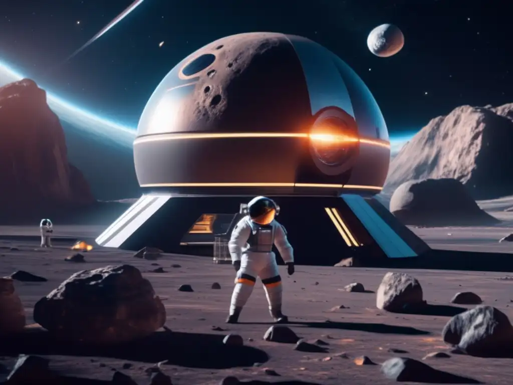 Exploración de asteroides para regeneración: Estación espacial futurista en órbita de asteroide masivo