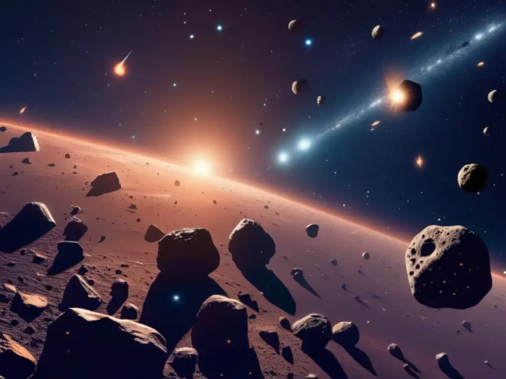 Exploración de asteroides en el espacio: Asteroides flotando en el espacio, rodeados de planetas gigantes y efectos gravitacionales