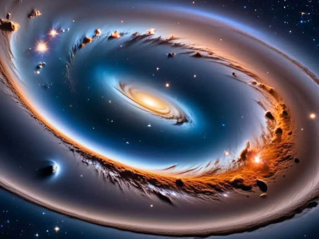 Exploración de asteroides en el espacio: galaxia con estrellas, espirales, asteroide iluminado, superficie rugosa