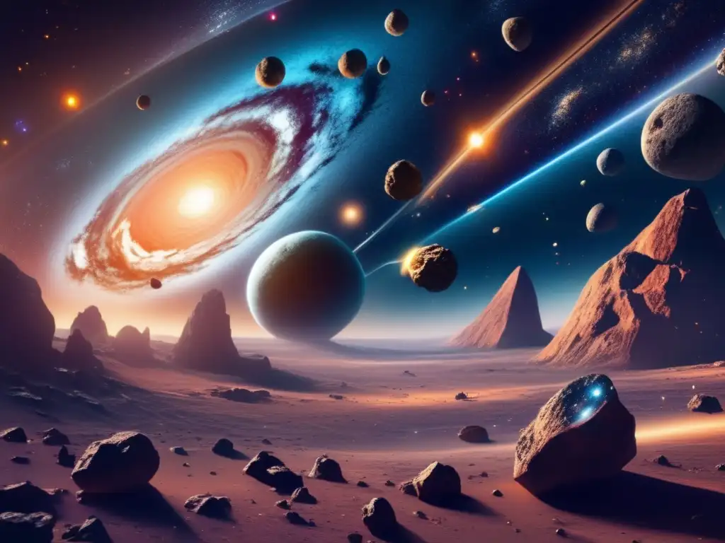 Exploración de asteroides en el espacio: galaxia, asteroides, nave espacial y belleza celeste