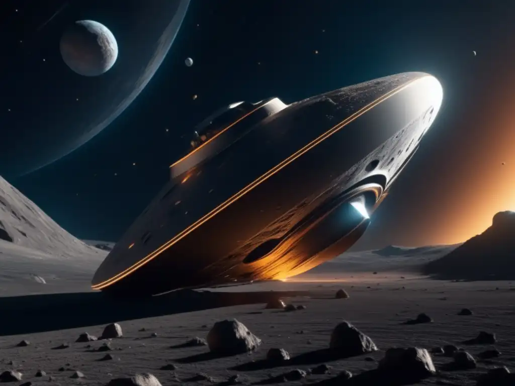 Exploración de asteroides en el espacio: Imagen impactante 8k que muestra nave espacial futurista y asteroide colosal