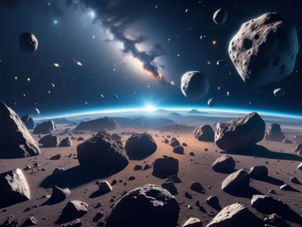Exploración de asteroides en el espacio: Imagen 8k de un vasto campo de asteroides, con detalles ultradetallados y una belleza fascinante