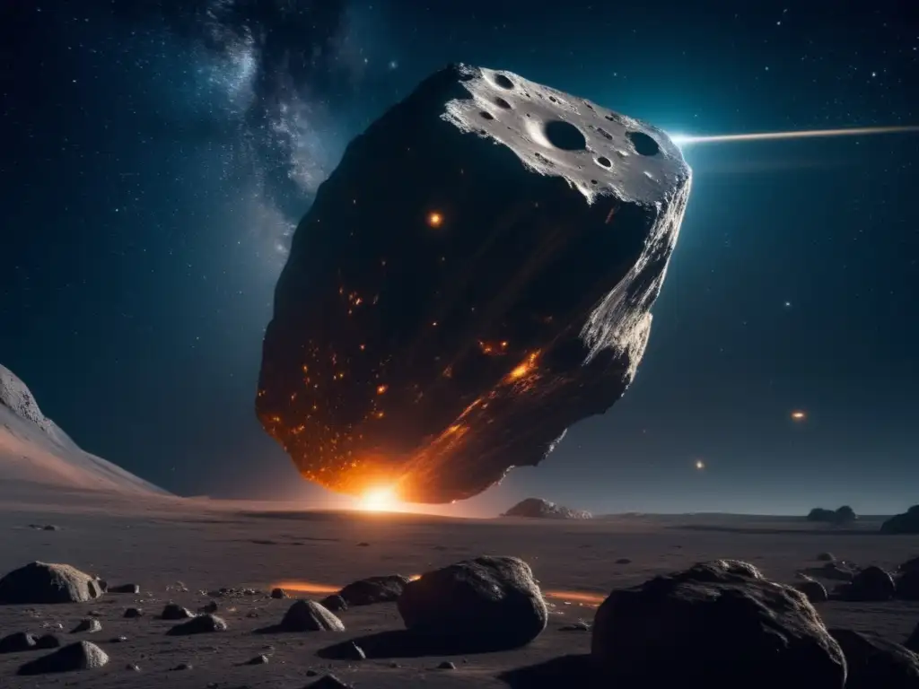 Exploración de asteroides en el espacio: nave y asteroide impresionantes