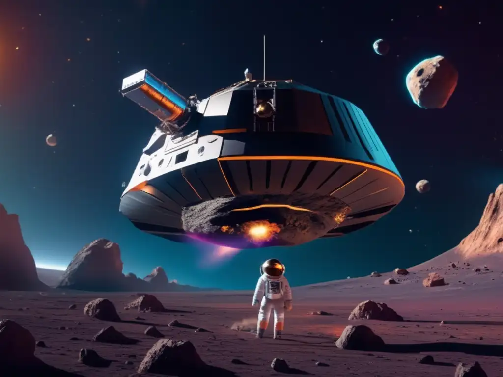 Exploración de asteroides en el espacio: nave futurista, astronautas y ambición cósmica