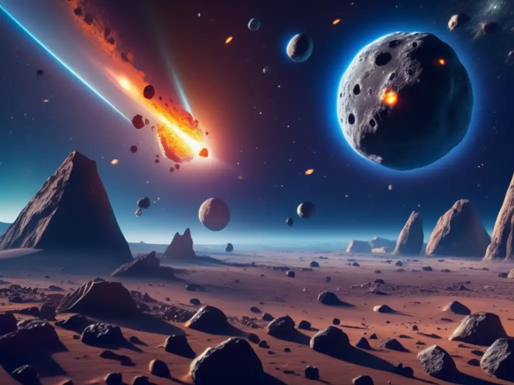 Exploración de asteroides en el espacio: Vista impresionante de un campo de asteroides en alta resolución 8K, con colores vivos y detalles intrincados