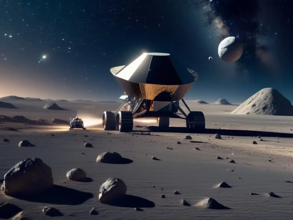 Exploración de asteroides: Futuro y proyectos - Imagen impactante del espacio con una nave espacial moderna y drones recolectando datos