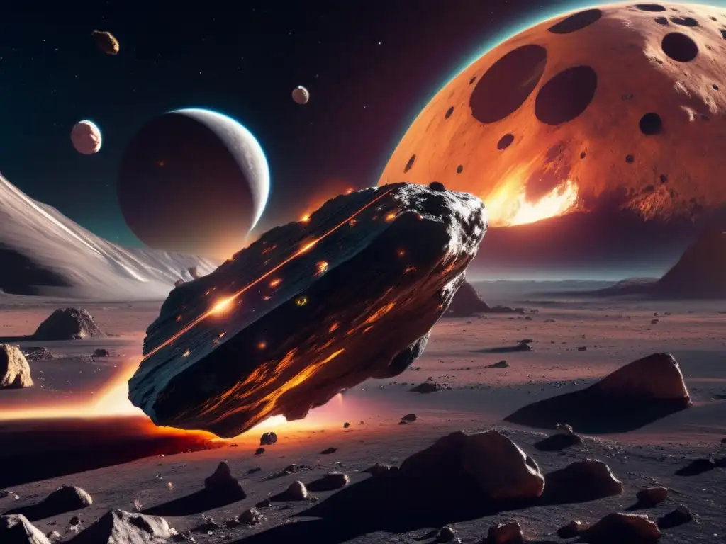 Exploración de asteroides: imagen impactante de un asteroide masivo en el espacio, con su superficie rugosa y colorida