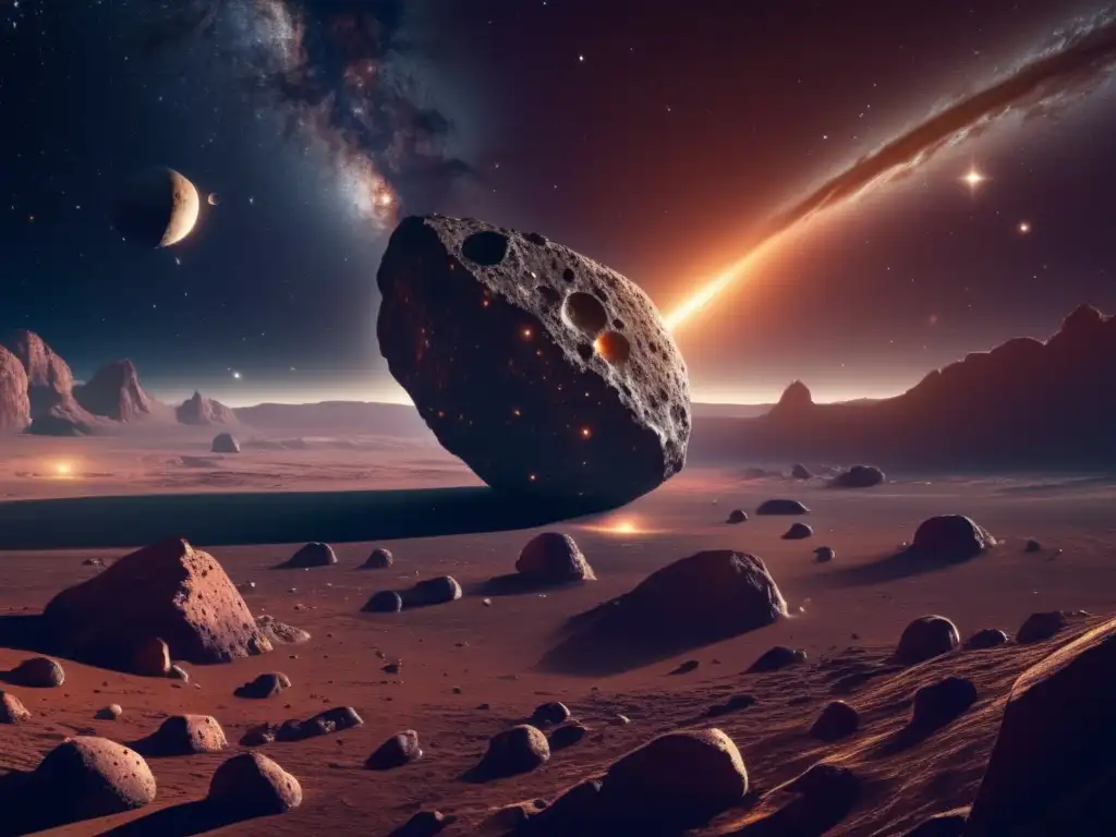 Exploración de asteroides en India: Imagen 8k detallada muestra asteroide masivo flotando en espacio, rodeado de cuerpos celestiales y una nebulosa