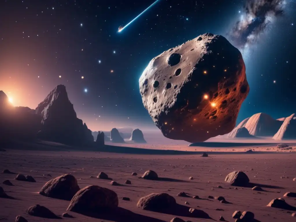 Exploración de asteroides en India: Impresionante imagen 8k ultra detallada de un vasto espacio estelar, con un asteroide gigante en primer plano