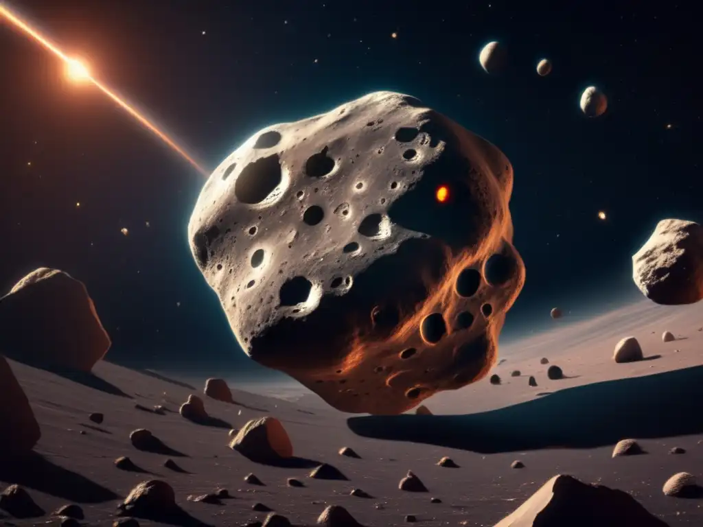 Exploración de asteroides y su influencia en la Tierra: Majestuoso asteroide en el espacio, con texturas irregulares, cráteres y tonos metálicos