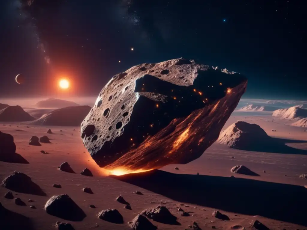 Exploración de asteroides irregulares para minería estelar: imagen impactante de asteroide masivo en el espacio, rodeado de naves mineras futuristas