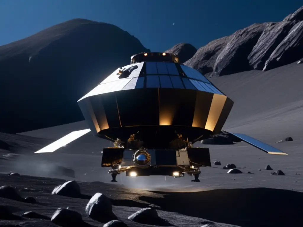 Exploración de asteroides: Hayabusa y Itokawa - Imagen cinematográfica de la nave espacial Hayabusa sobre la superficie rugosa del asteroide Itokawa