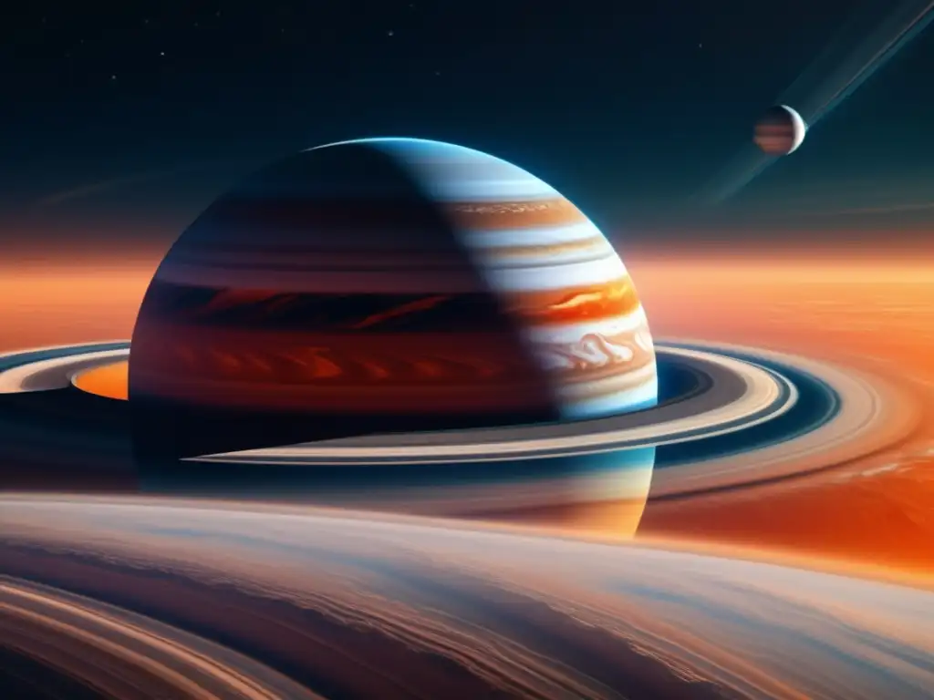 Exploración de asteroides en Júpiter: una imagen detallada de 8k muestra una nave espacial sobre el majestuoso gigante gaseoso