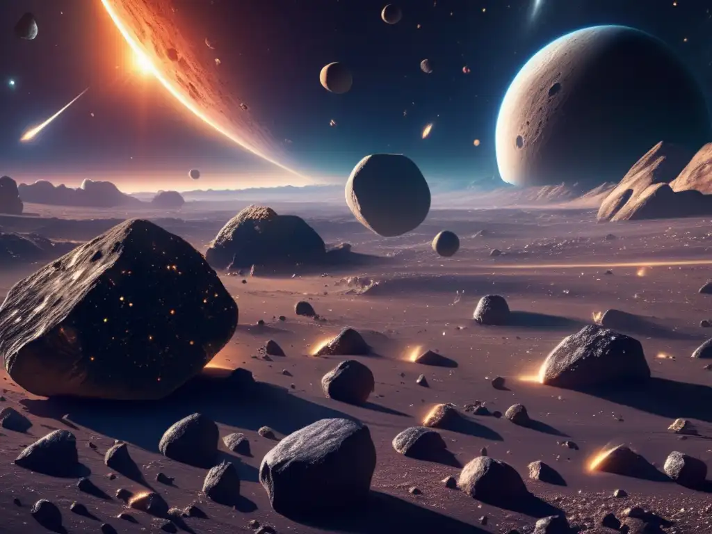 Exploración de asteroides y legislación espacial: Maravillosa imagen 8K ultradetallada muestra vasto espacio con asteroides de diversos tamaños, formas y composiciones