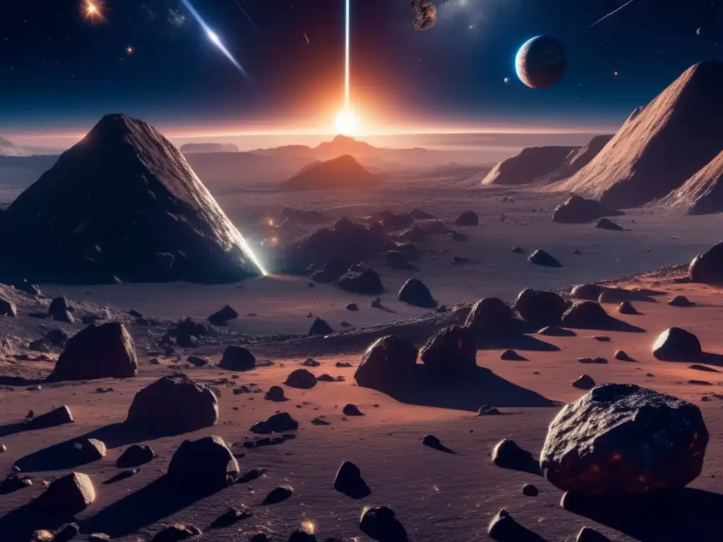 Exploración de asteroides y legislación espacial en impresionante imagen 8k de espacio con asteroide y planeta distante