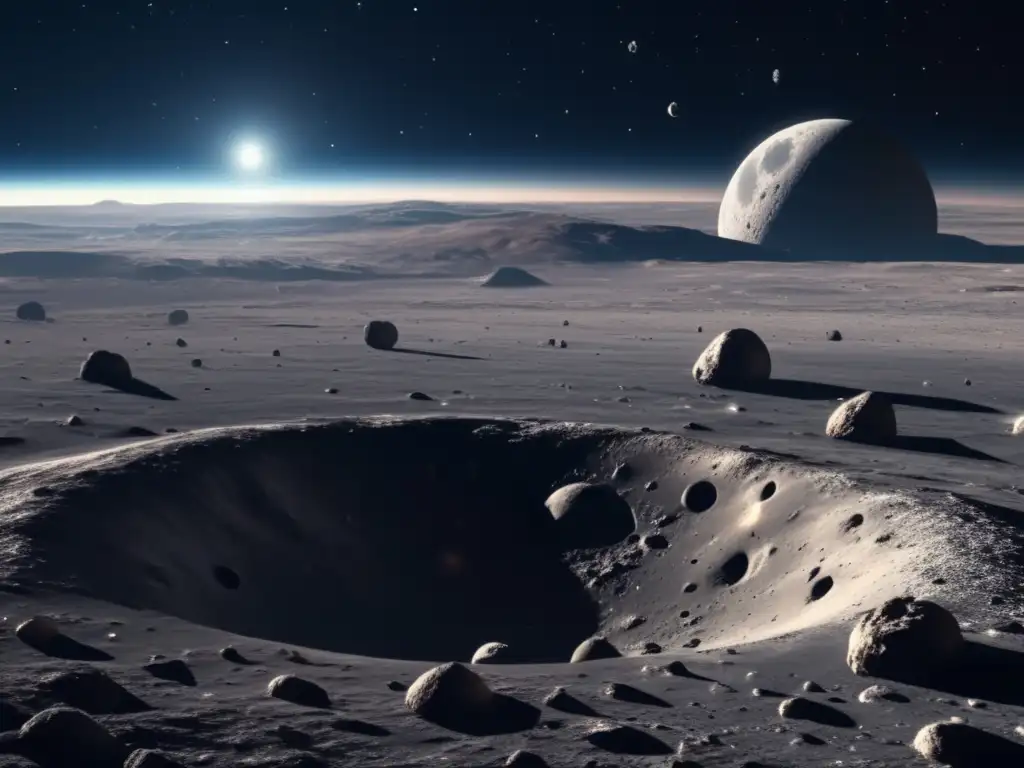 Exploración de asteroides lunares: Imagen detallada en 8K muestra la belleza del espacio, con la Luna y variados asteroides en primer plano