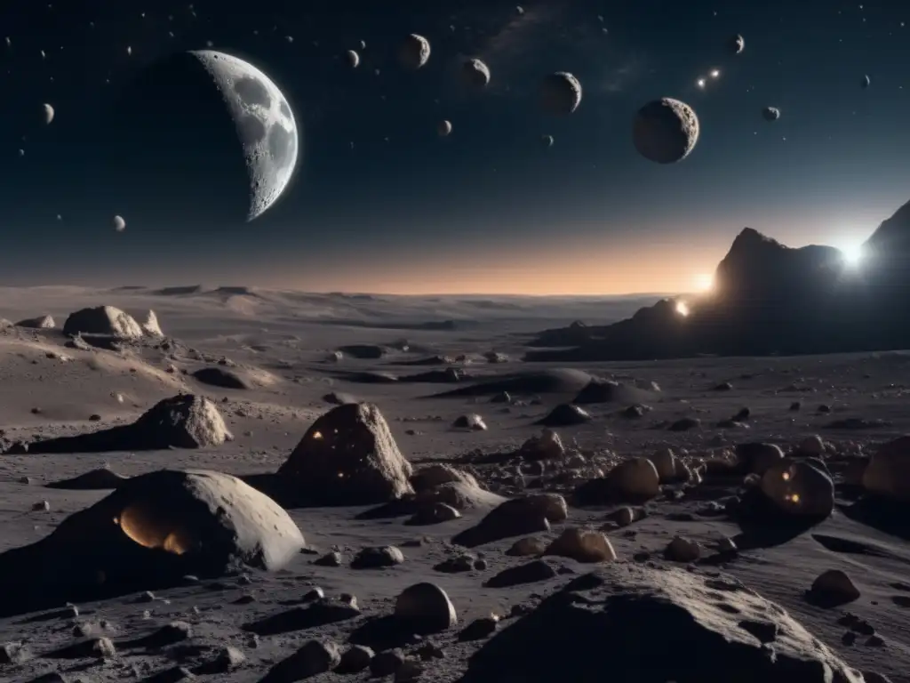 Exploración de asteroides lunares: paisaje lunar con cluster de asteroides suspendidos en gravedad