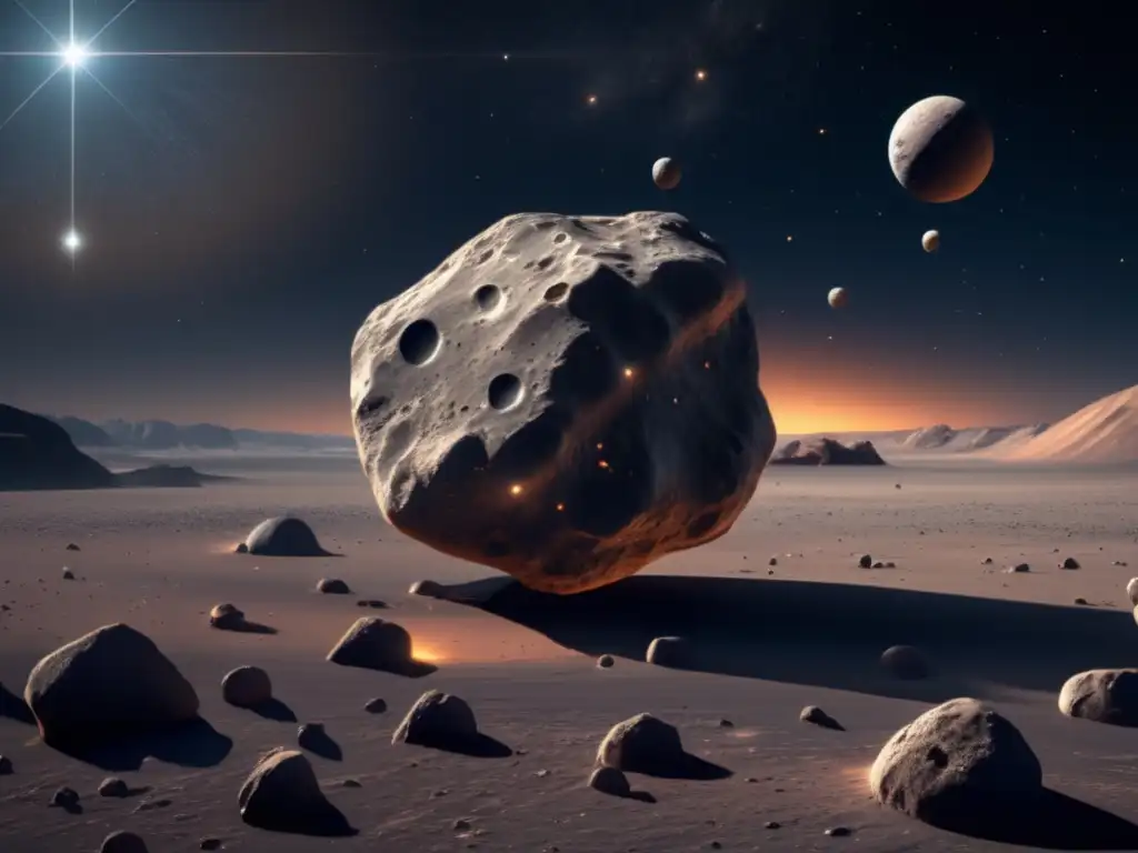Exploración de asteroides con lunas: sistema binario en el espacio, asteroides rocosos con cráteres y regolito, detalles y texturas impresionantes
