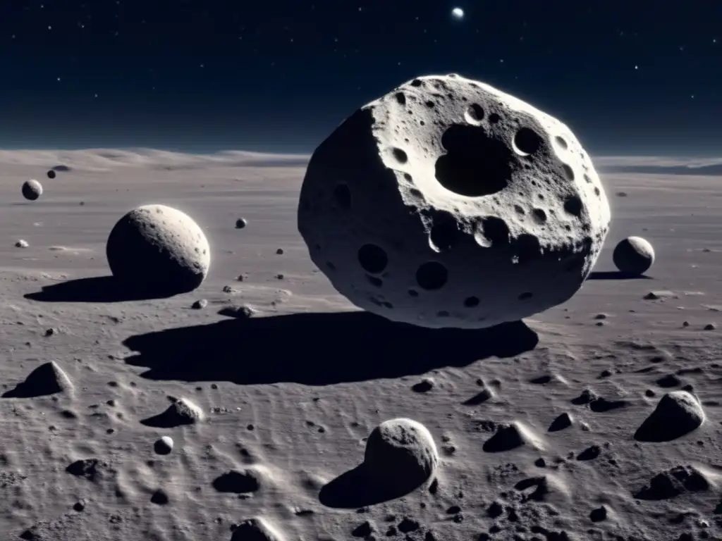 Exploración de asteroides con lunas en el vasto espacio: imagen de alta resolución de un pequeño asteroide con múltiples lunas orbitando a su alrededor, mostrando su danza gravitacional