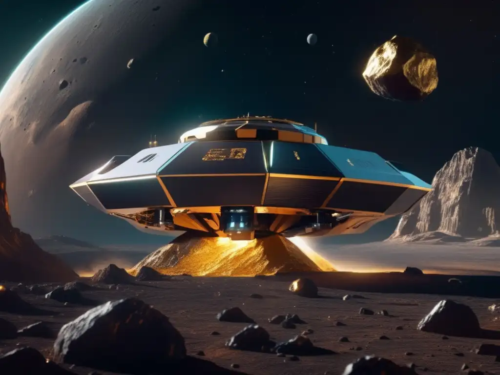 Exploración de asteroides para metales preciosos: nave espacial futurista extrae oro, platino y plata de asteroide