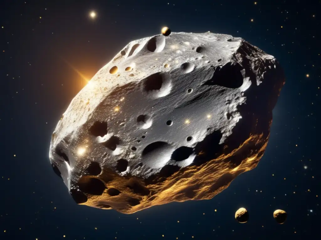 Exploración de asteroides para metales preciosos: un asteroide metálico en el espacio, con su superficie rugosa reflejando las estrellas distantes