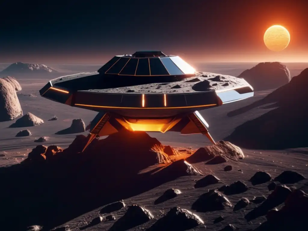 Exploración de asteroides: nave espacial en terreno rugoso, tecnología avanzada y misterio del espacio