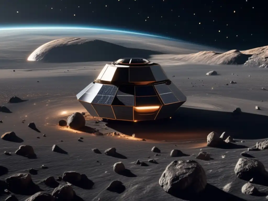 Exploración de asteroides: nave espacial en asteroide con paisaje cósmico