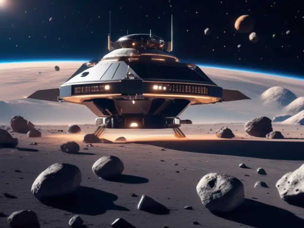 Exploración de asteroides: nave espacial futurista recolectando muestras