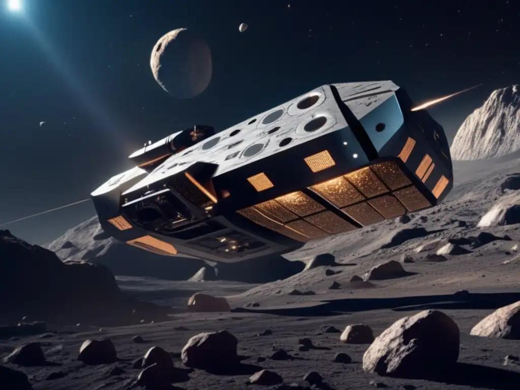 Exploración de asteroides: nave espacial futurista en un asteroide, extracción de recursos