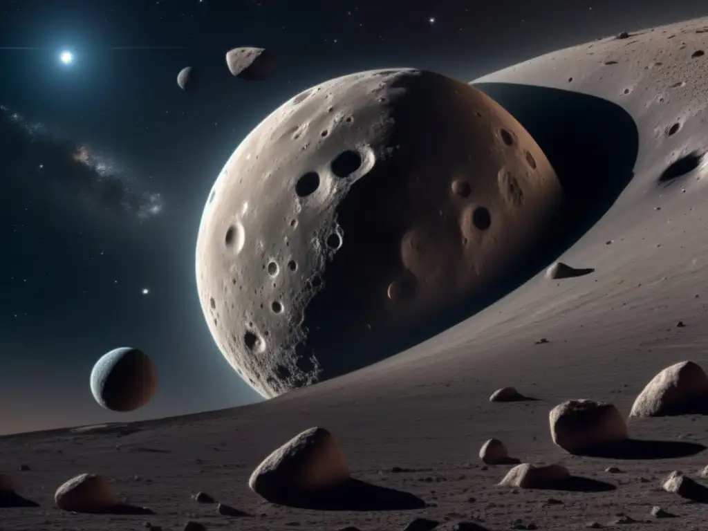 Exploración de asteroides: NEAR Shoemaker y Asteroide Eros - Imagen 8k detallada de Eros, un majestuoso asteroide rocoso en el espacio